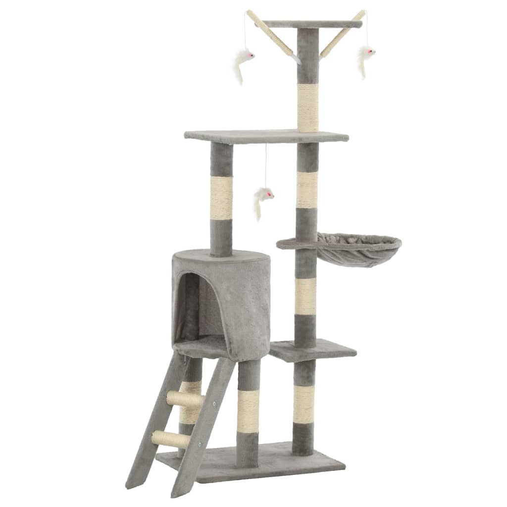 PawLuxe luxe kattenkrabpaal 138 cm grijs totaaloverzicht met hangmat en slaaphuisje