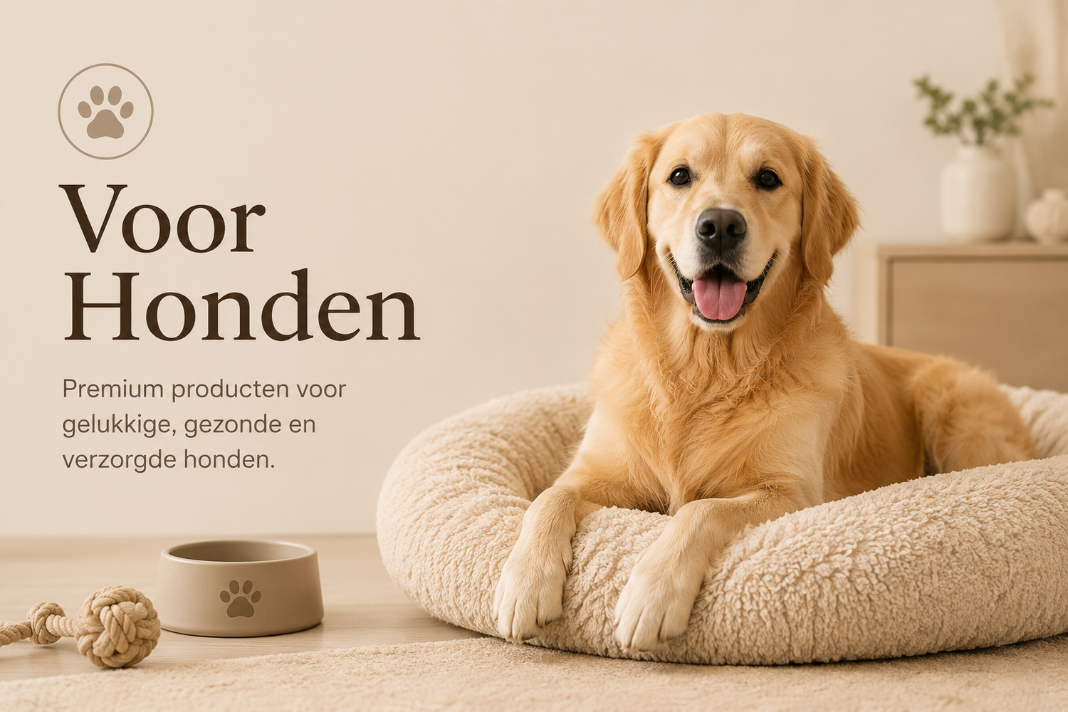 Premium hondenproducten van PawLuxe met golden retriever op hondenbed