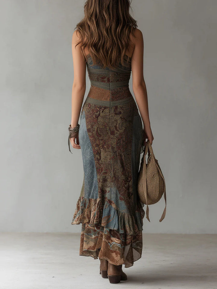 Elena - Vestido largo de un solo hombro estampado de estilo étnico con abertura alta