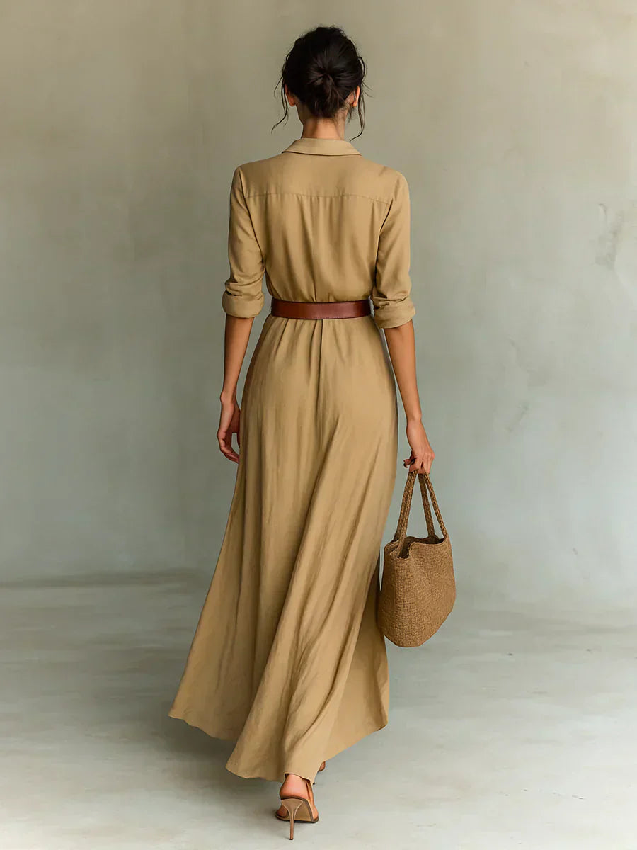 Camille™ | Vestido maxi con solapa y cinturón en la cintura
