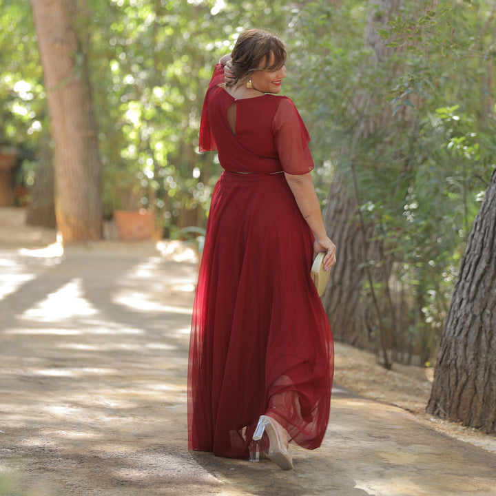 VESTIDO LARGO LISO MANGA GASA CAPA