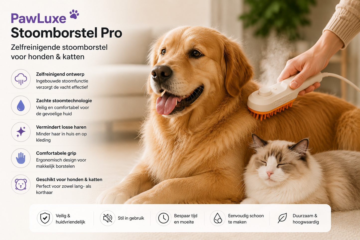 PawLuxe Stoomborstel Pro – Krachtige Verzorging voor Honden & Katten