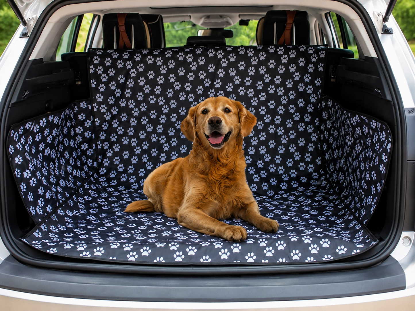 PawLuxe Auto Achterbank Beschermer voor Honden met zwart-wit pootjespatroon, beschermt de achterbank tijdens autoritten met huisdieren en biedt comfort aan honden.