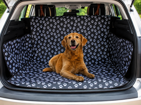 PawLuxe Auto Achterbank Beschermer voor Honden met zwart-wit pootjespatroon, beschermt de achterbank tijdens autoritten met huisdieren en biedt comfort aan honden.