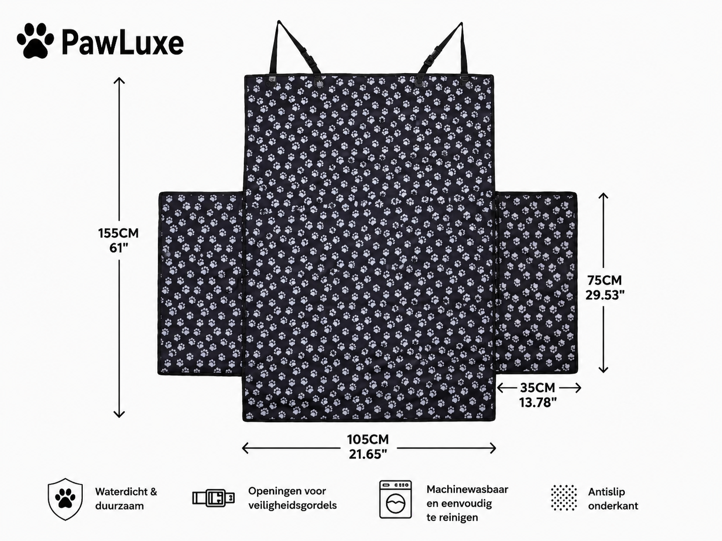 PawLuxe Auto Achterbank Beschermer voor Honden met waterdichte, duurzame stof, veiligheidsgordelopeningen, antisliponderkant en machinewasbare reiniging, ideaal voor huisdier accessoires Nederland.