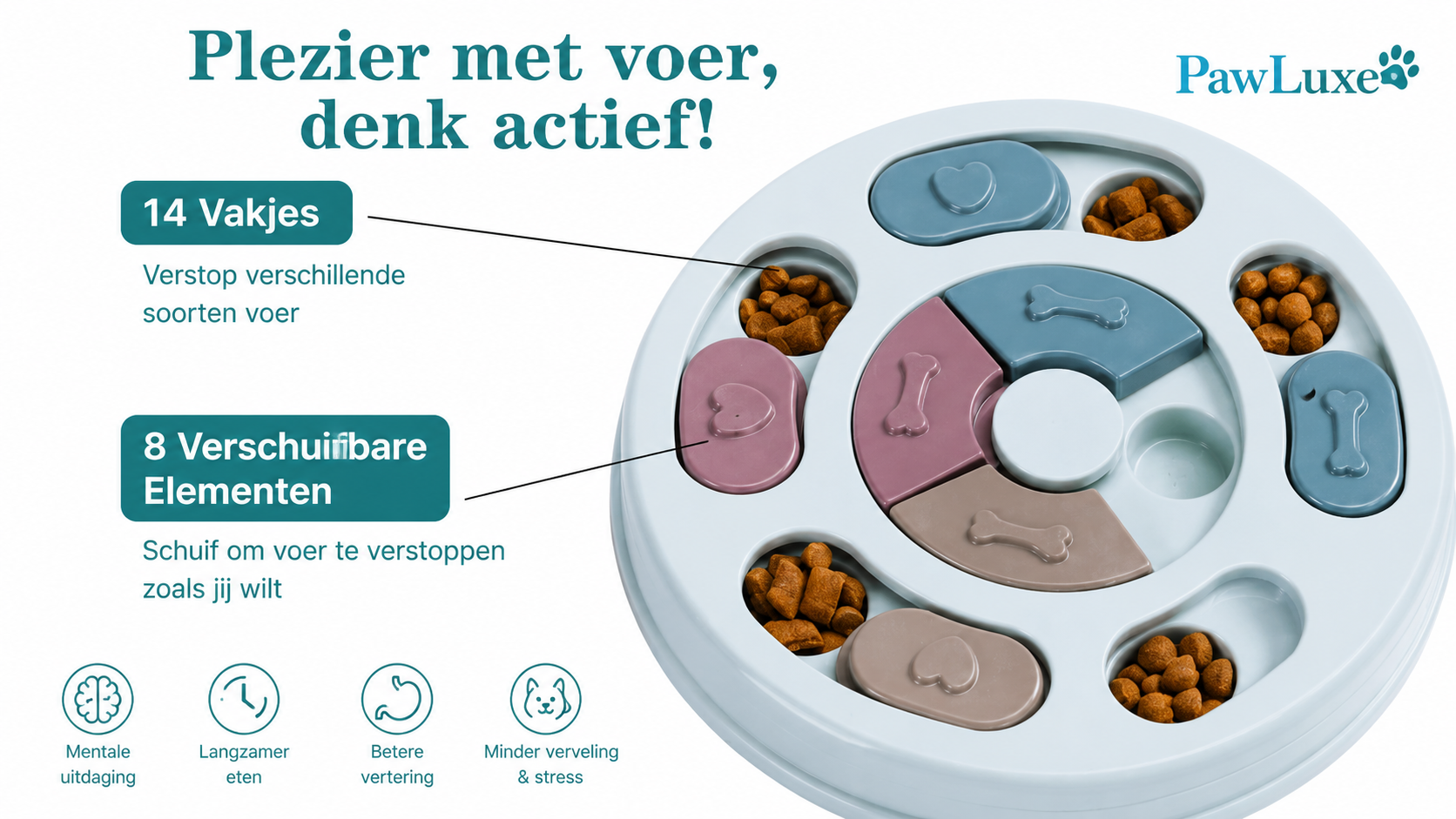 PawLuxe Interactieve Slow Feeder & Denkspel voor Honden en Katten met 14 vakjes en 8 verschuifbare elementen voor mentale uitdaging en langzamer eten.