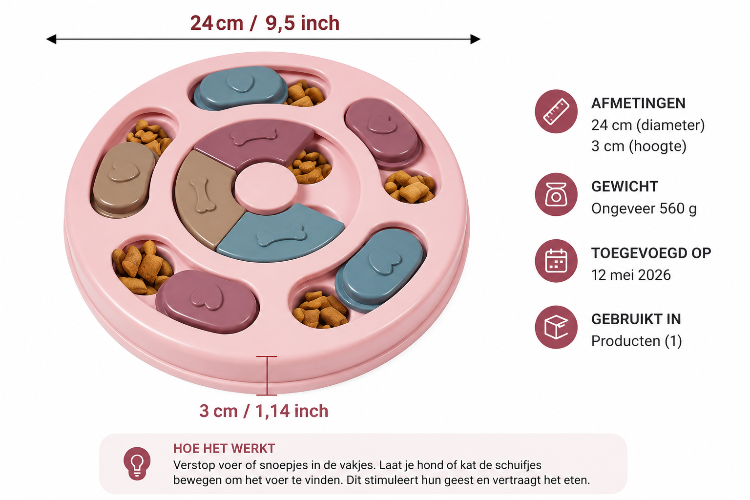 Roze PawLuxe Interactieve Slow Feeder & Denkspel voor Honden en Katten met verschillende vakjes en schuifjes om voer of snoepjes te verstoppen, ontworpen om de eetlust te stimuleren.