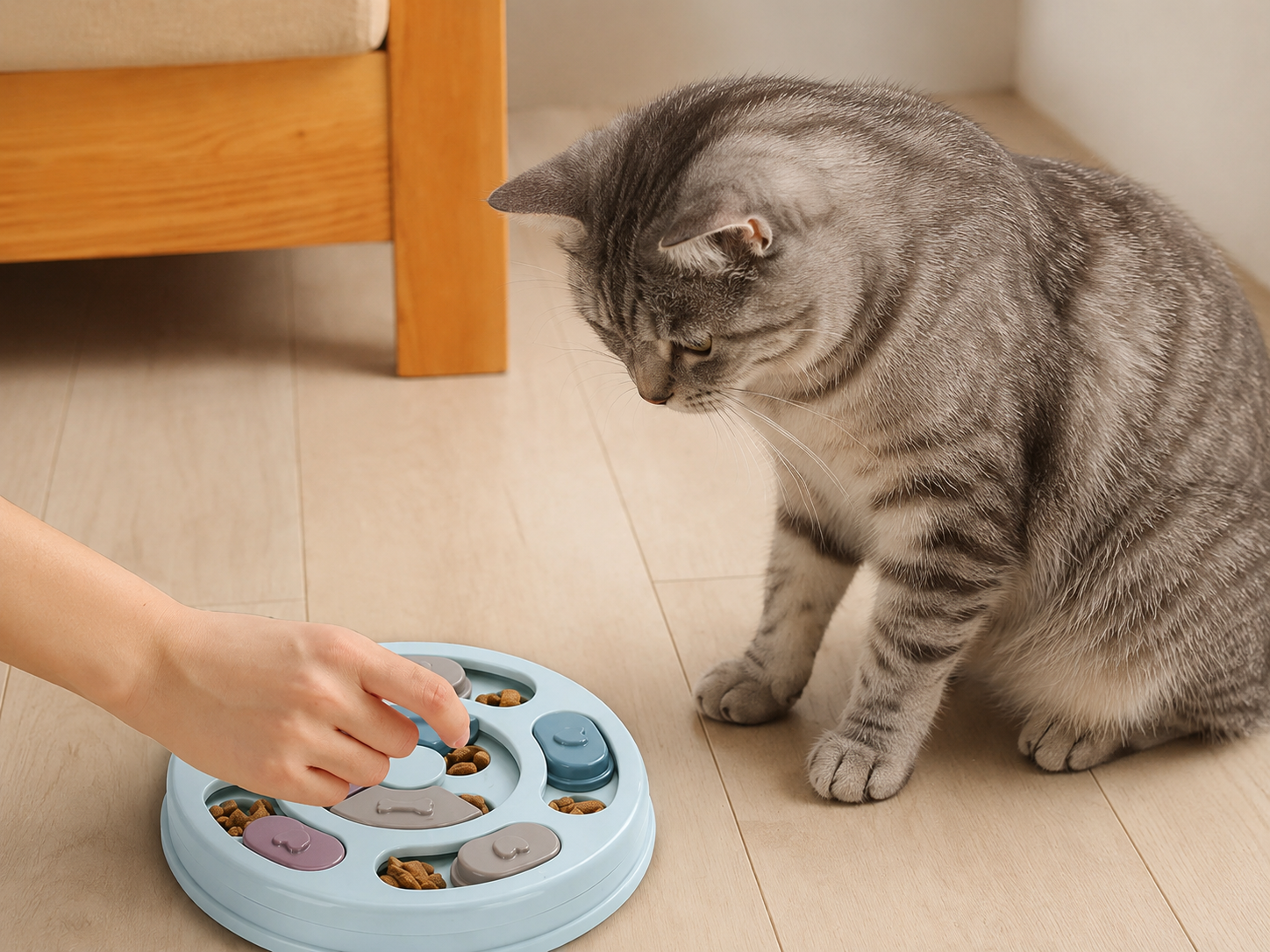 Kat die met interesse kijkt naar een persoon die voer uit een PawLuxe Interactieve Slow Feeder & Denkspel voor Honden en Katten haalt, geplaatst op een lichte vloer in een huiselijke omgeving.