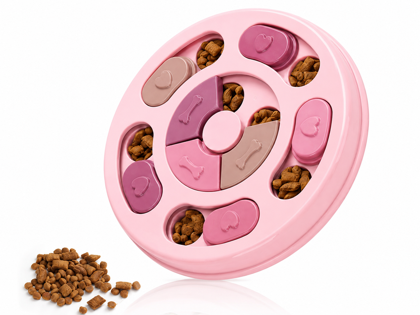 PawLuxe Interactieve Slow Feeder & Denkspel voor Honden en Katten in zachte roze tinten met verschillende compartimenten gevuld met brokjes, ontworpen om etenstijd leuker en uitdagender te maken.