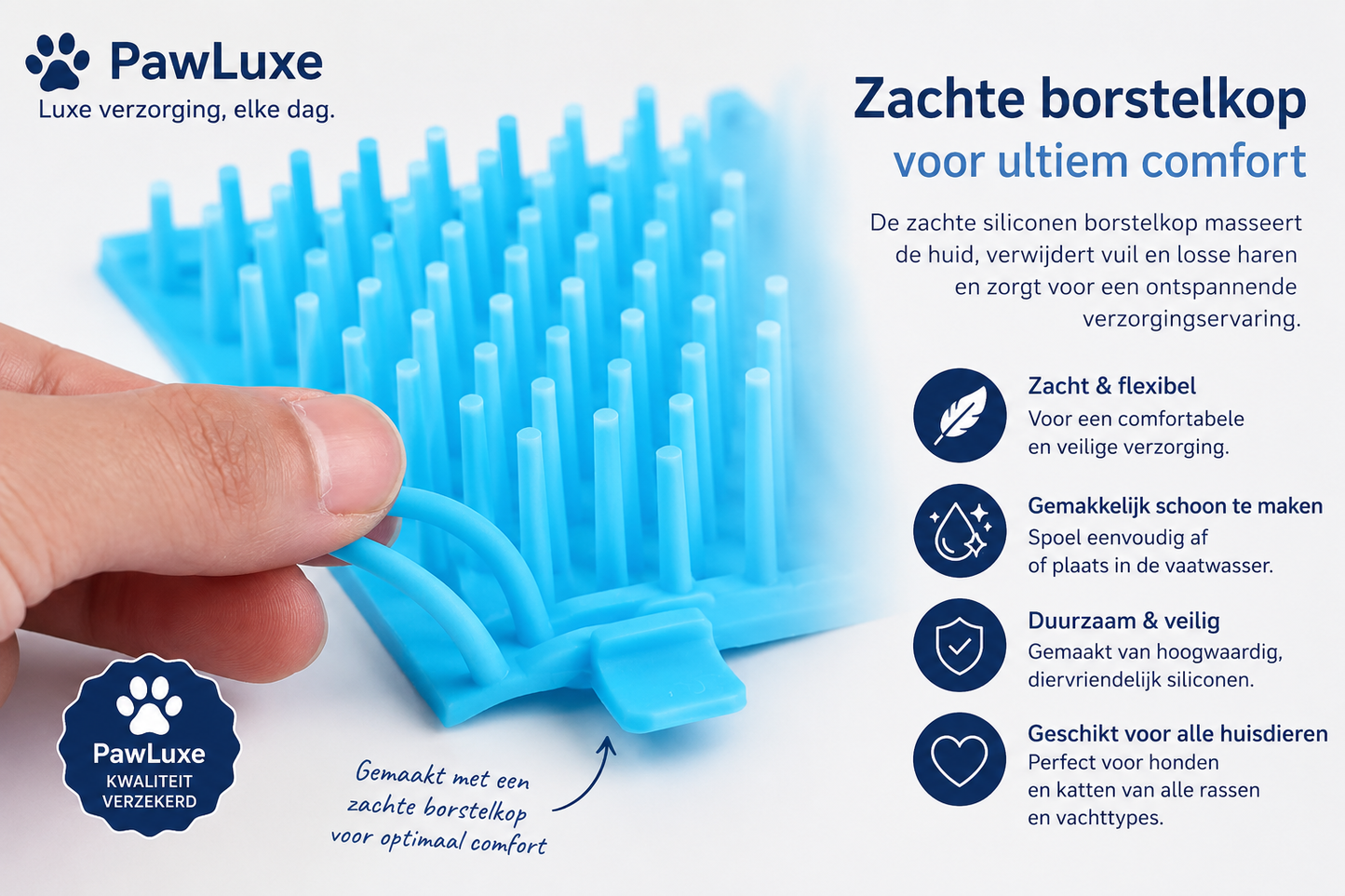 Close-up van een hand die de zachte siliconen borstelkop van de PawLuxe Pootreiniger voor Honden & Katten buigt, die vuil en losse haren verwijdert voor een comfortabele verzorging.