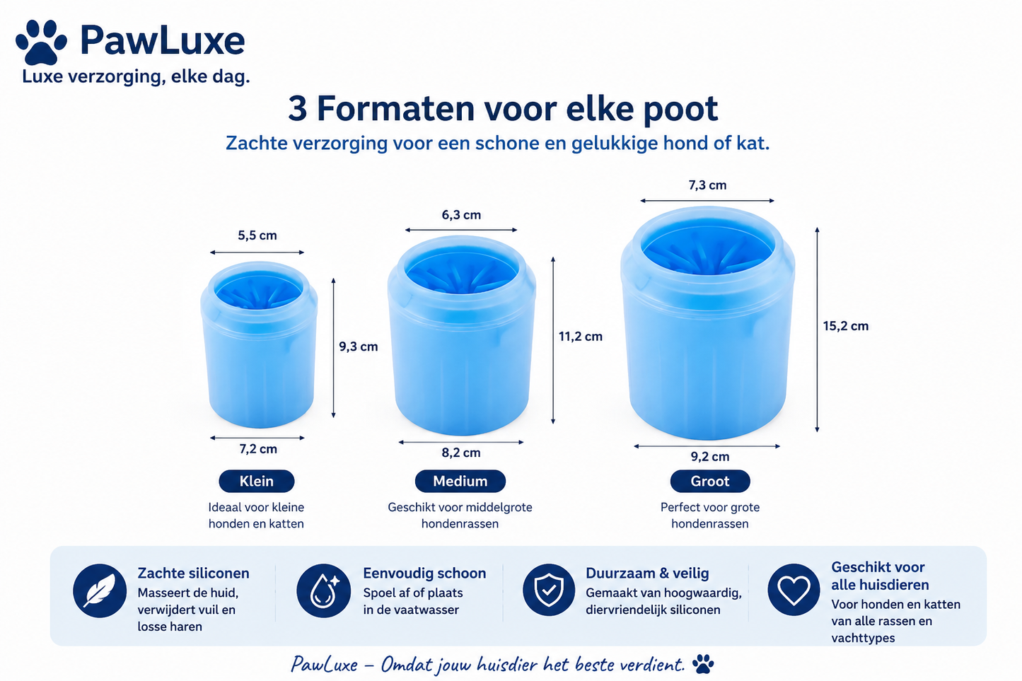 Illustratie van de PawLuxe Pootreiniger voor Honden & Katten in drie formaten, gemaakt van zacht siliconenmateriaal, ideaal voor zachte en effectieve reiniging van honden- en kattenpoten.