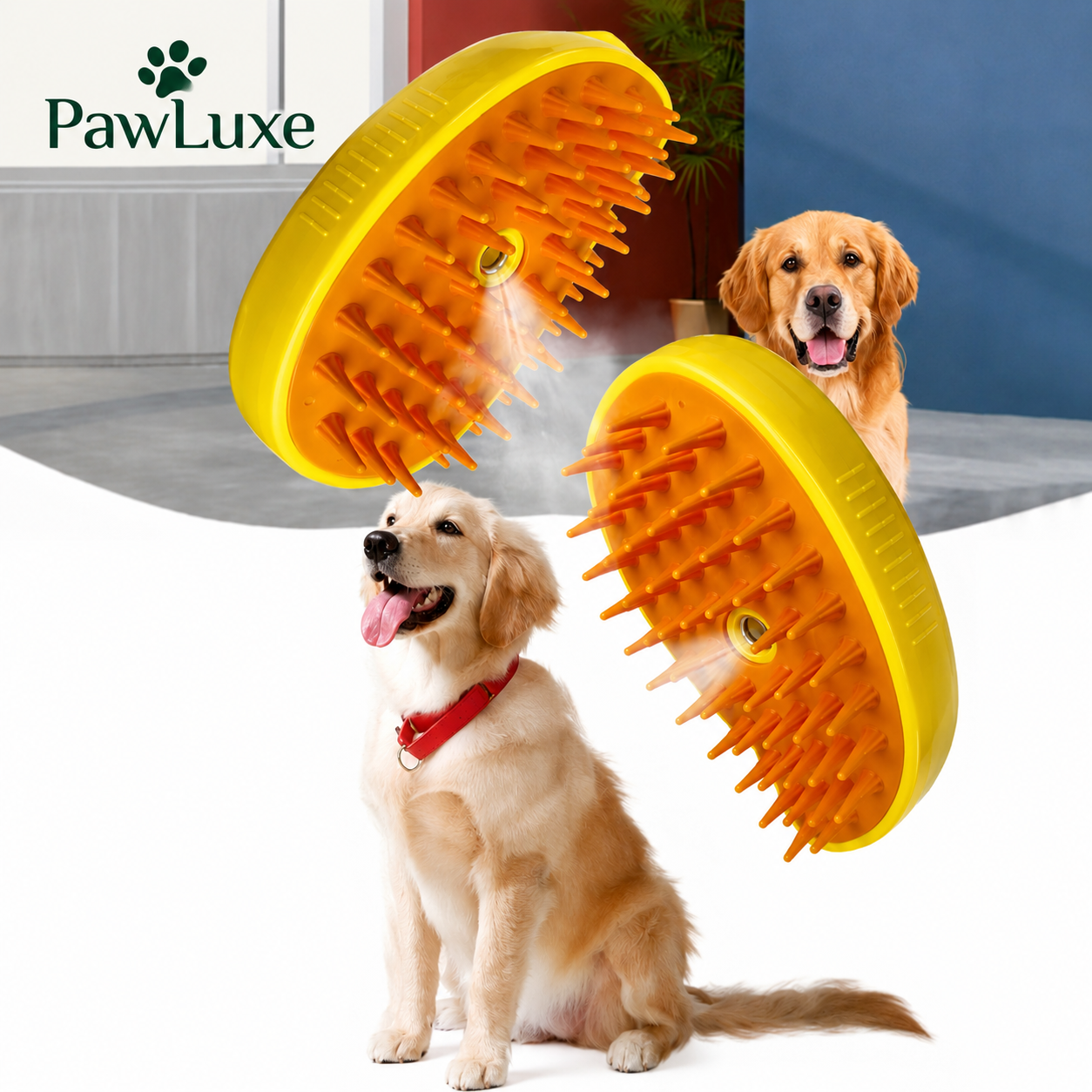 SteamyBrush – 3-in-1 Stoom Borstel voor Honden & Katten in felgeel met zachte siliconen nopjes, gebruikt voor effectieve vachtverzorging en huidreiniging van huisdieren.