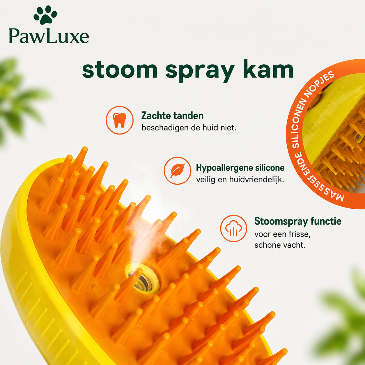 Close-up van de SteamyBrush – 3-in-1 Stoom Borstel voor Honden & Katten met zachte siliconen nopjes, stoomspray functie en hypoallergene materialen voor een schone en frisse vacht.