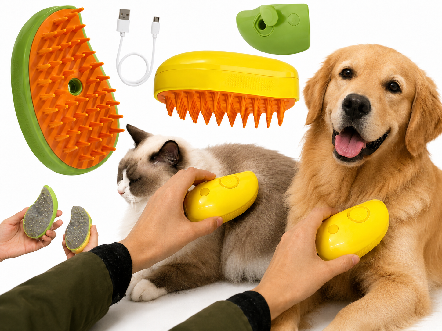 SteamyBrush – 3-in-1 Stoom Borstel voor Honden & Katten gebruikt om vacht te reinigen en verzorgen, met gele en groene accessoires naast een hond en een kat.