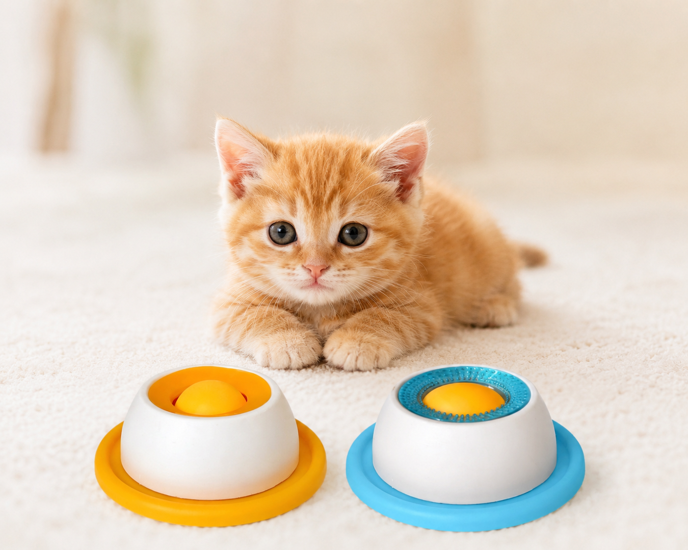 Schattige oranje kitten ligt op een zachte ondergrond naast de PawLuxe Likmat & Slow Feeder voor honden en katten, ideaal voor langzamer eten en verrijking.