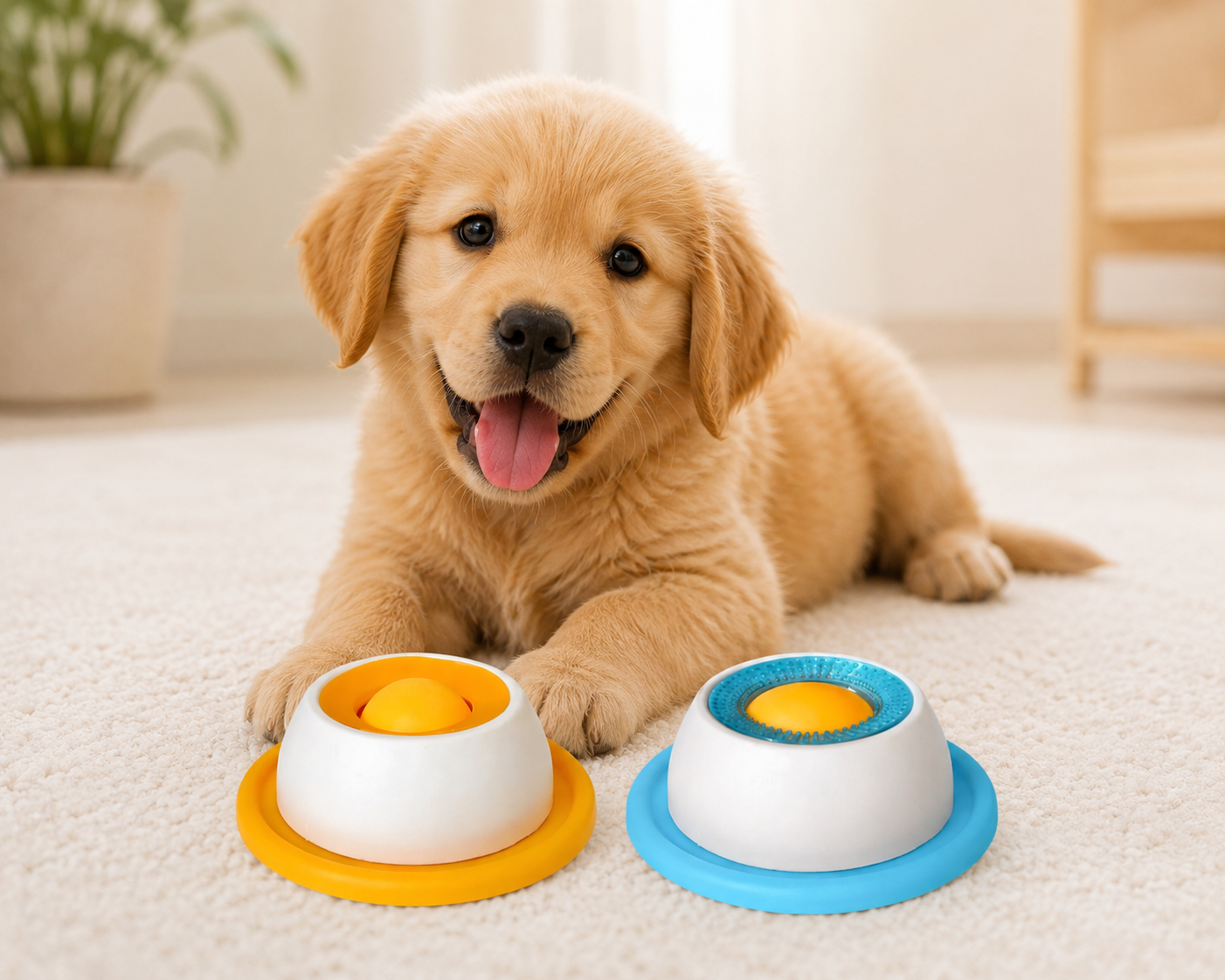 Schattige puppy ligt op de vloer met PawLuxe Likmat & Slow Feeder voor honden en katten in oranje en blauw, ontworpen om langzaam te eten en kauwen te stimuleren.