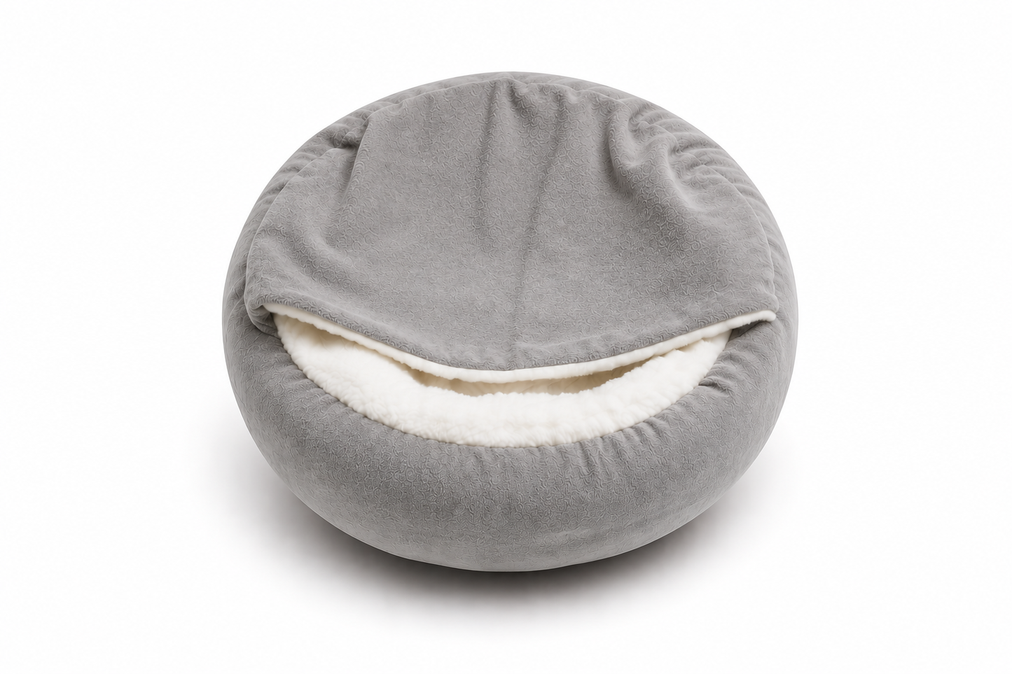 PawLuxe Orthopedisch Hondenbed in zachte grijze stof met een comfortabele, warme omhulling en een pluche witte binnenkant voor extra steun en comfort van je huisdier.