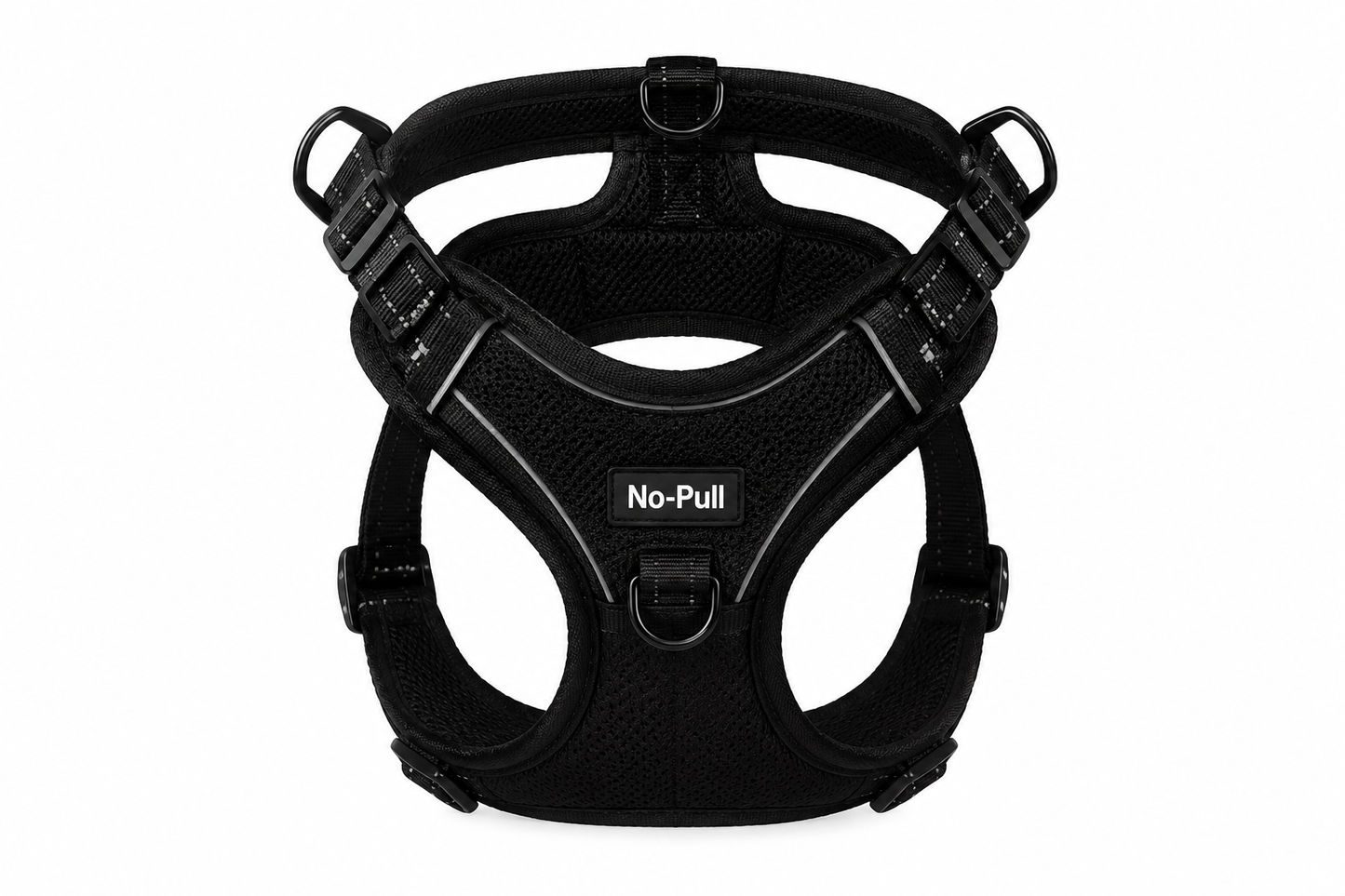 Premium No-Pull Hondentuigje in zwart met verstelbare riemen en sterke gespen, ontworpen voor comfortabele en veilige wandelingen met je hond.