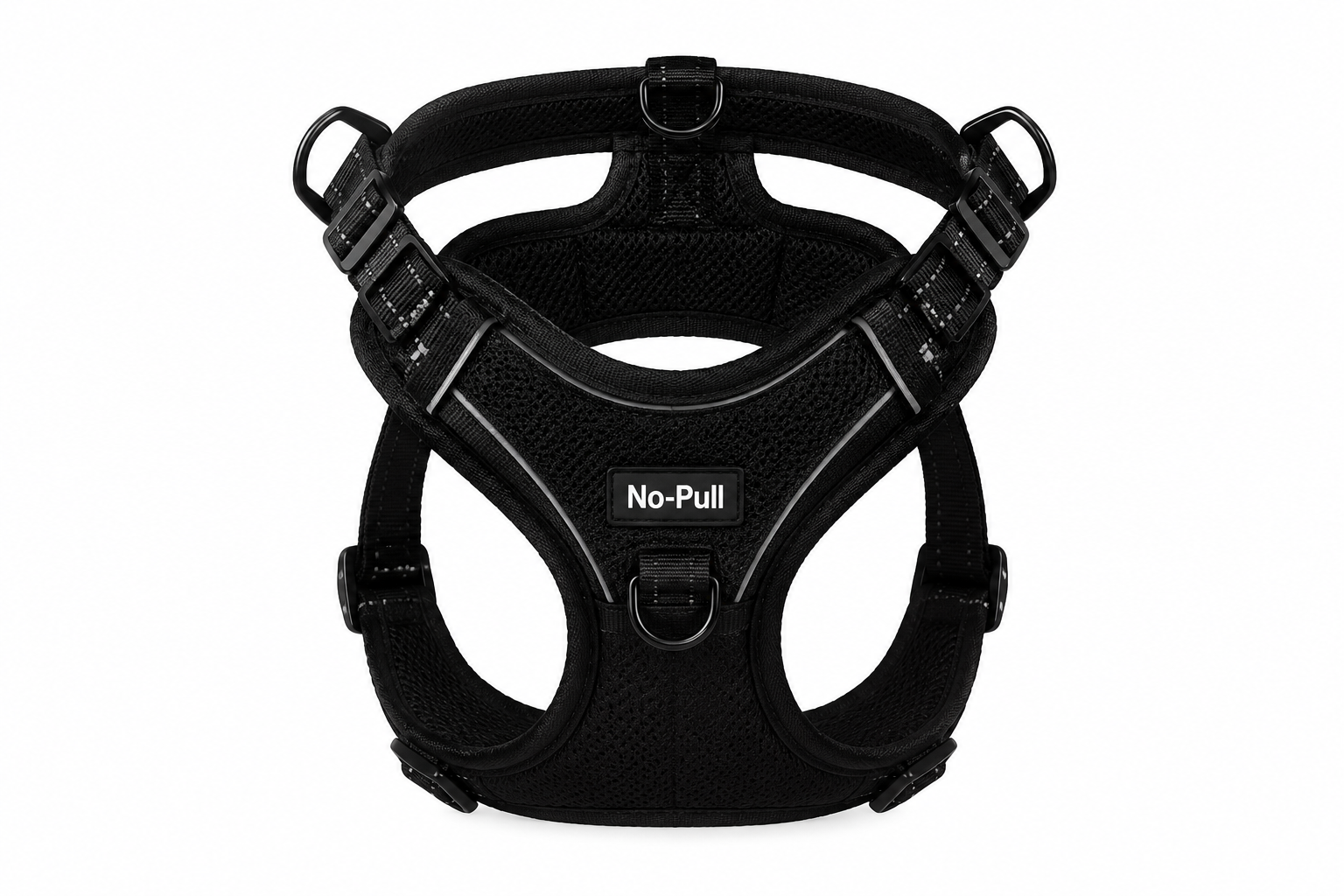 Premium No-Pull Hondentuigje in zwart met verstelbare riemen en sterke gespen, ontworpen voor comfortabele en veilige wandelingen met je hond.