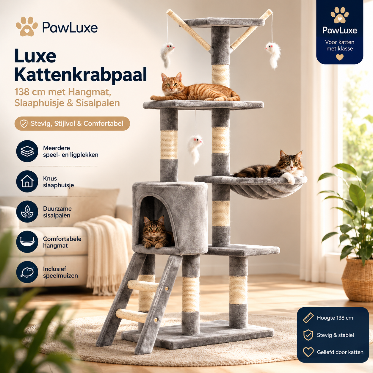 PawLuxe kattenkrabpaal 138 cm grijs vooraanzicht met hangmat, slaaphuisje en ladder