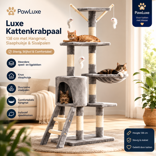 PawLuxe kattenkrabpaal 138 cm grijs vooraanzicht met hangmat, slaaphuisje en ladder