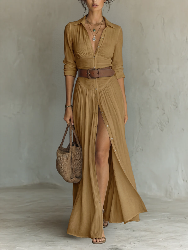 Vestido maxi largo de lino con cuello de solapa y mangas largas para mujer