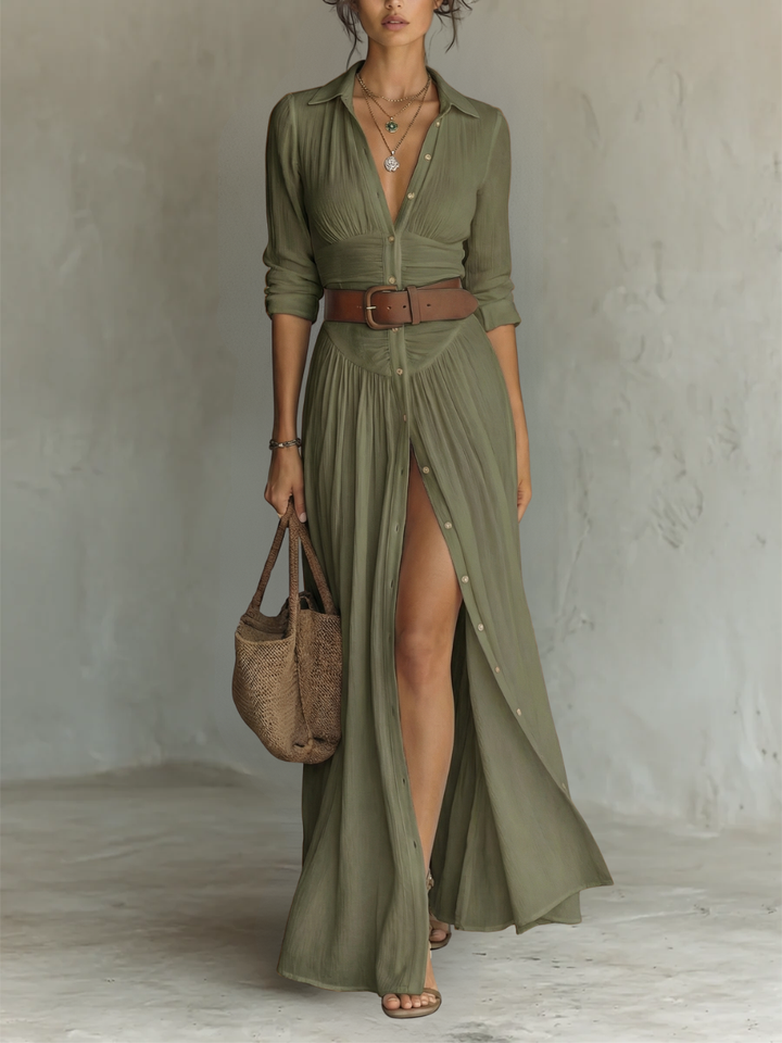 Vestido maxi largo de lino con cuello de solapa y mangas largas para mujer