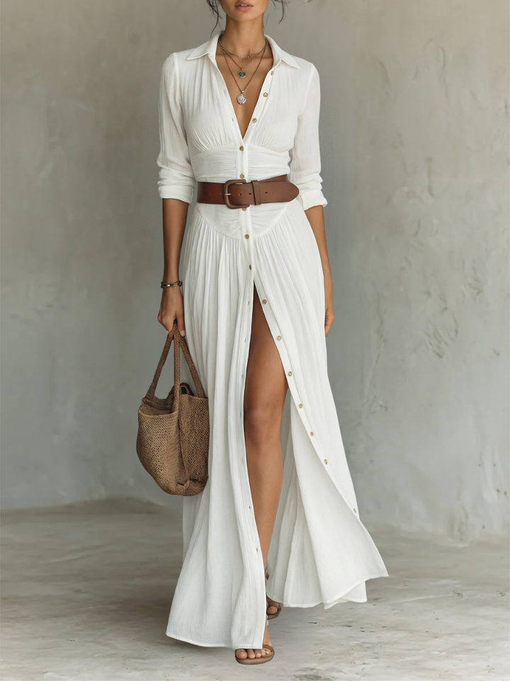 Vestido maxi largo de lino con cuello de solapa y mangas largas para mujer