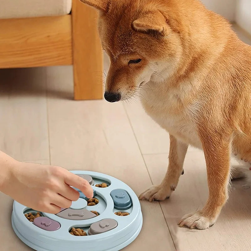Hond die nieuwsgierig kijkt naar een persoon die de PawLuxe Interactieve Slow Feeder & Denkspel voor Honden en Katten gebruikt om brokjes te verstoppen en speeltijd te stimuleren.
