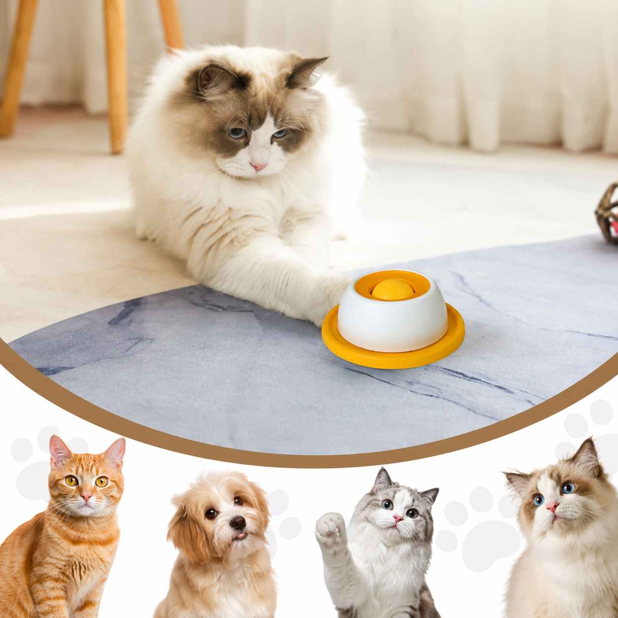 Kat speelt met de PawLuxe Likmat & Slow Feeder voor honden en katten, ideaal voor langzamer eten en mentale stimulatie van huisdieren.