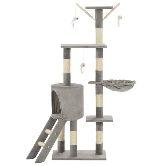 PawLuxe kattenkrabpaal zijaanzicht met slaaphuisje, sisalpalen en ladder