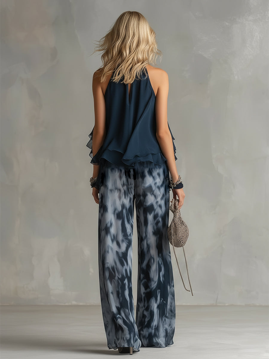 Ludovica - elegante en chiffón con top de cuello alto y pantalones anchos estampados