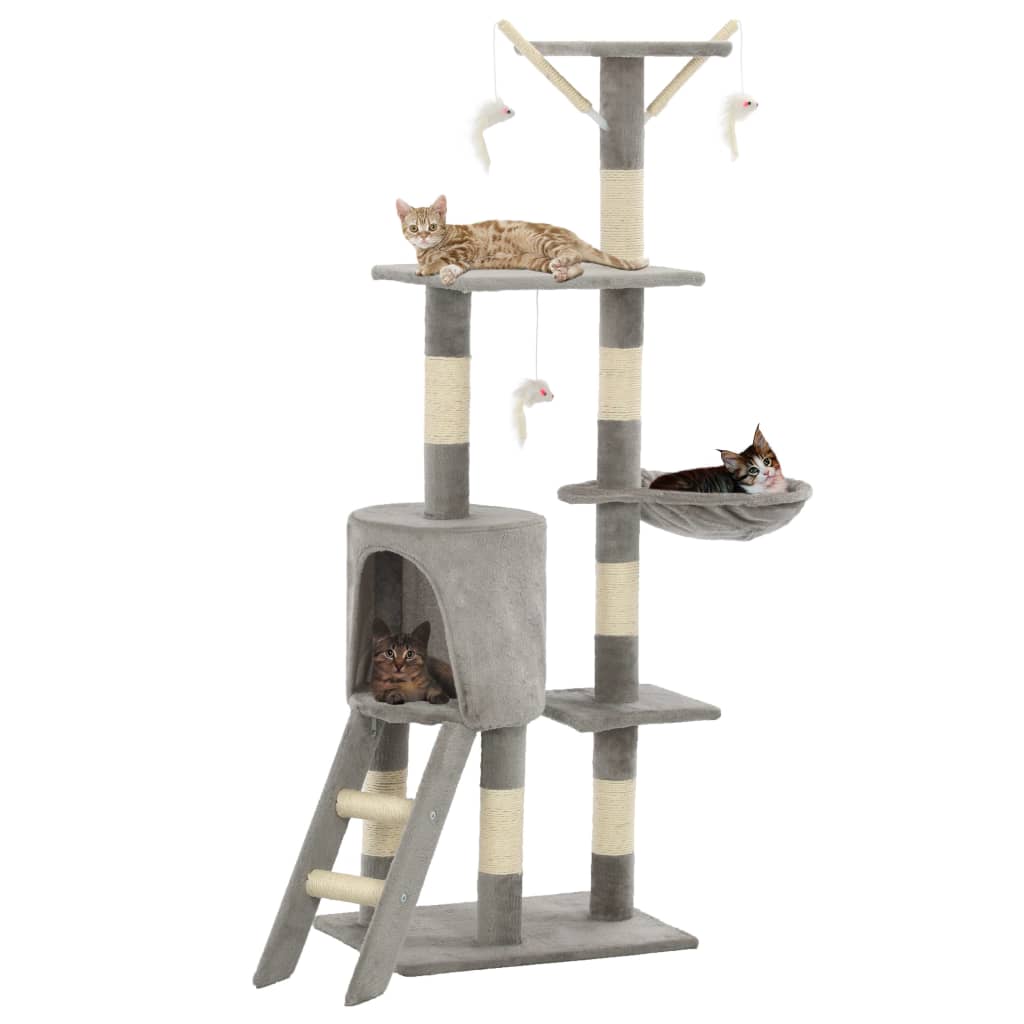 PawLuxe luxe kattenkrabpaal 138 cm grijs met twee katten, hangmat, slaaphuisje en sisalpalen